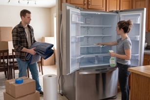 A man and a woman prepare an open, empty refrigerator for a DIY move, with the woman wiping interior shelves.
