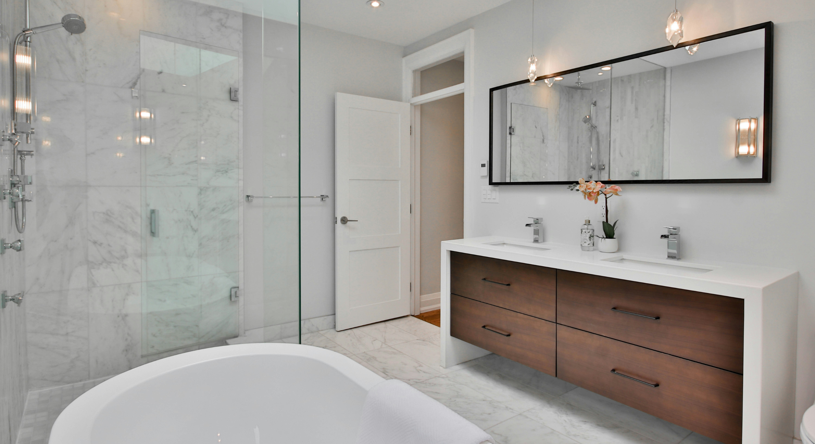 Wooden fixtures in a modern 2026 bathroom