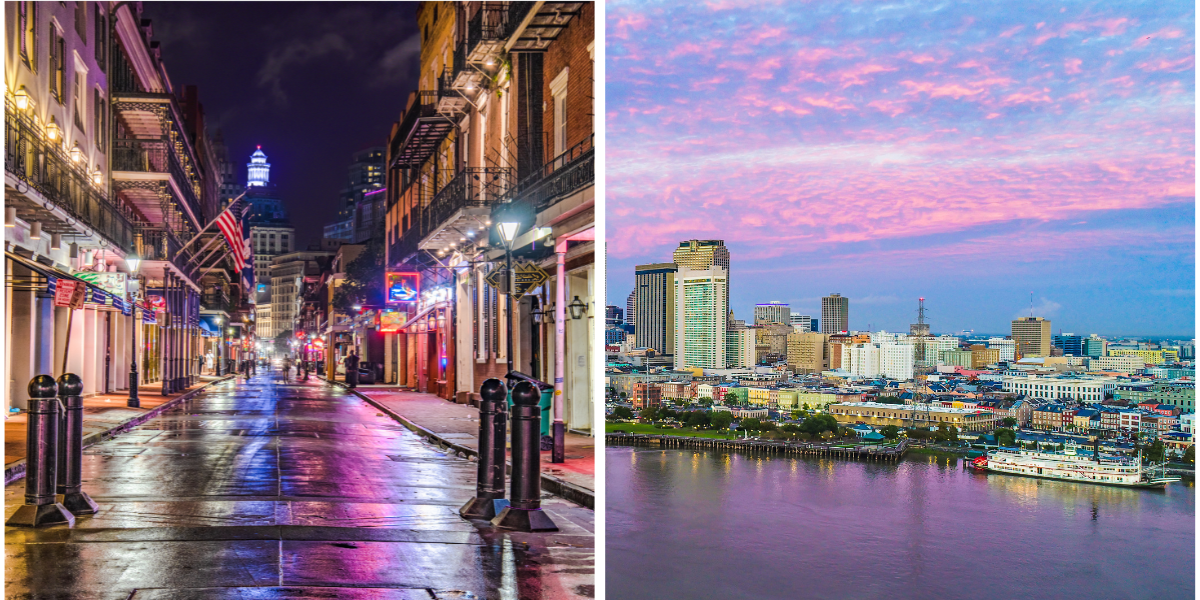 A split image showing a rain-slicked street in the French Quarter at night illuminated by neon signs on the left, and a vibrant sunset over the downtown New Orleans skyline and the Mississippi River on the right.