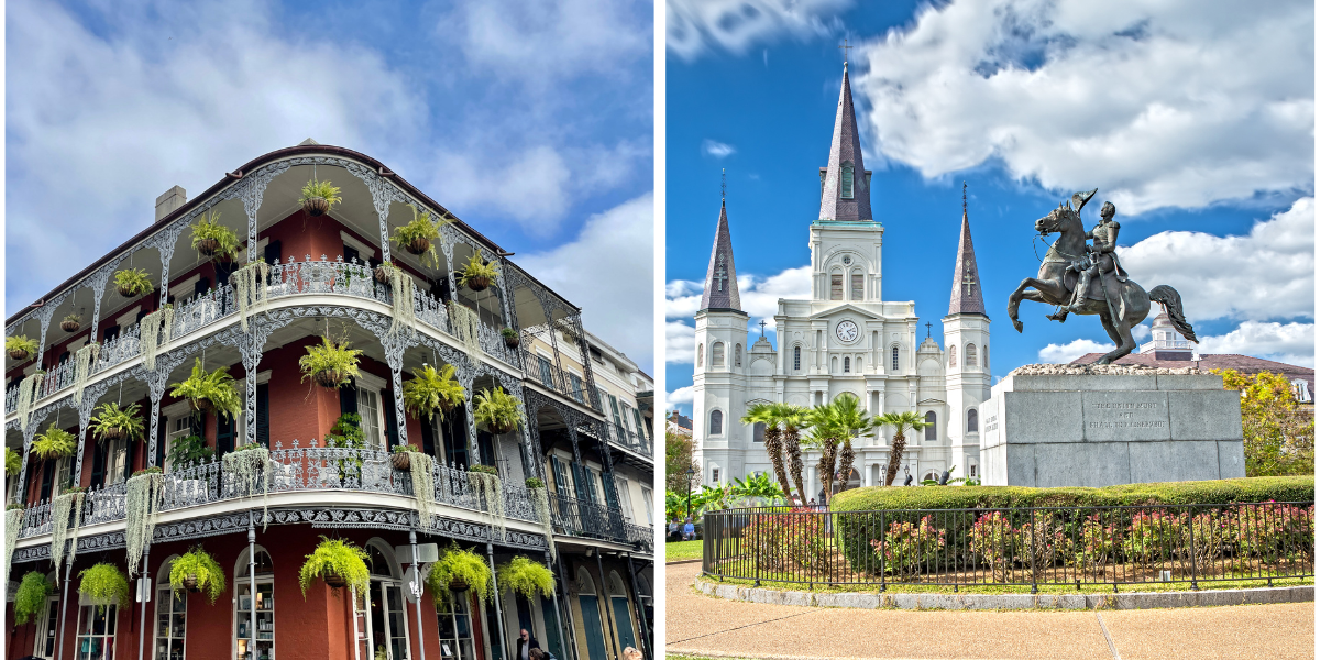 A split image featuring a red building with ornate, multi-level wrought-iron balconies and hanging ferns on the left, and the white facade of St. Louis Cathedral behind the Andrew Jackson equestrian statue at Jackson Square on the right.