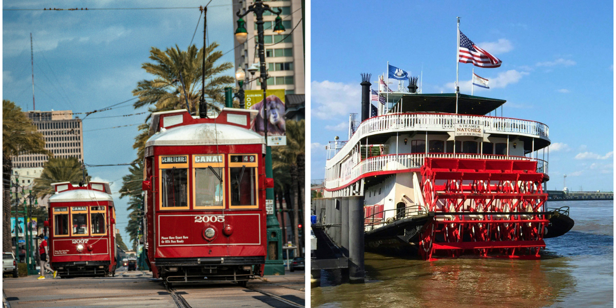 A split image showing two red Canal Street streetcars traveling down a track lined with palm trees on the left, and the historic Steamboat Natchez paddlewheeler docked on the Mississippi River on the right.