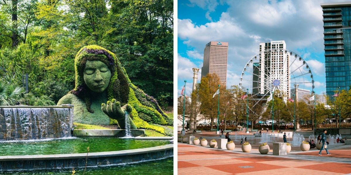 A split image showing the Earth Goddess sculpture at Atlanta Botanical Garden on the left, and Centennial Olympic Park downtown on the right.