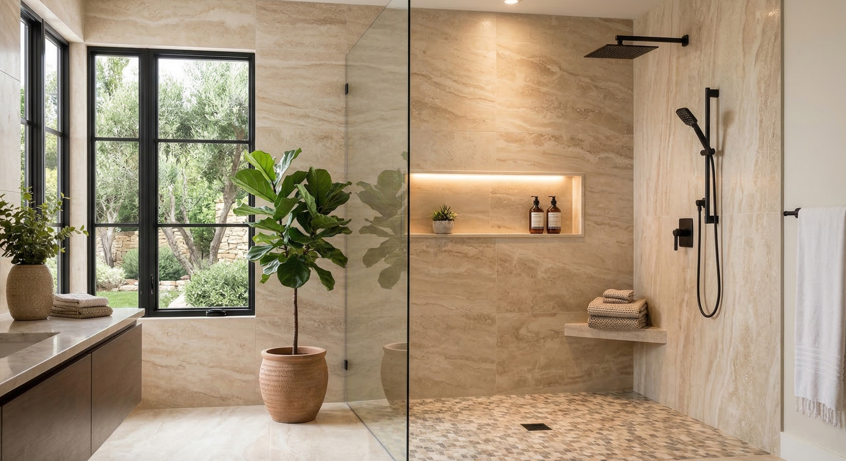 A bathroom featuring a walk in shower and earth tone tiles, a 2026 bathroom remodel trend.